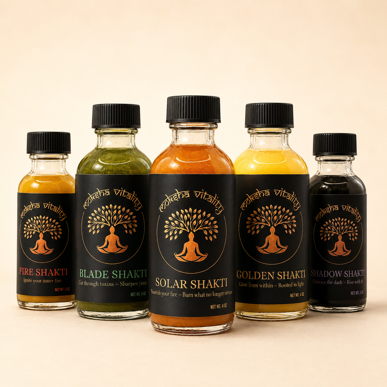 Moksha Vitality Shakti wellness shots displayed together in five colourful glass bottles.
